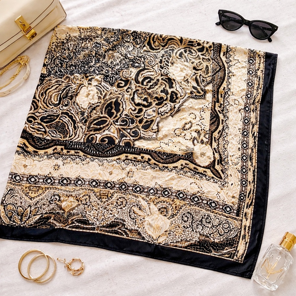 Leonard Paris 50” Silk Scarf • Black Gold Baroque Paisley Luxe